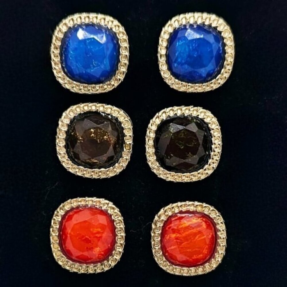 3 Pair Faceted Statement Stud Earrings Blue Red Brown Gold Tone